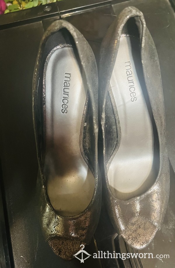 Metallic Gray Open Toe Heels/7