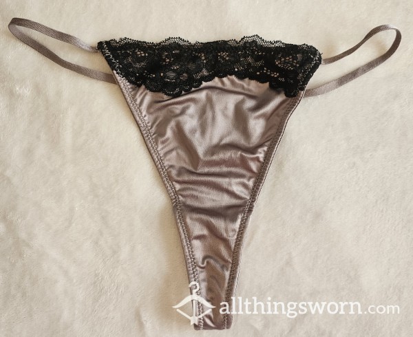 Metallic Satin Periwinkle Thong With Black Lace Trim