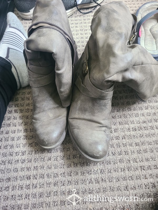 Mid Calf Grey Boots, Side Zip