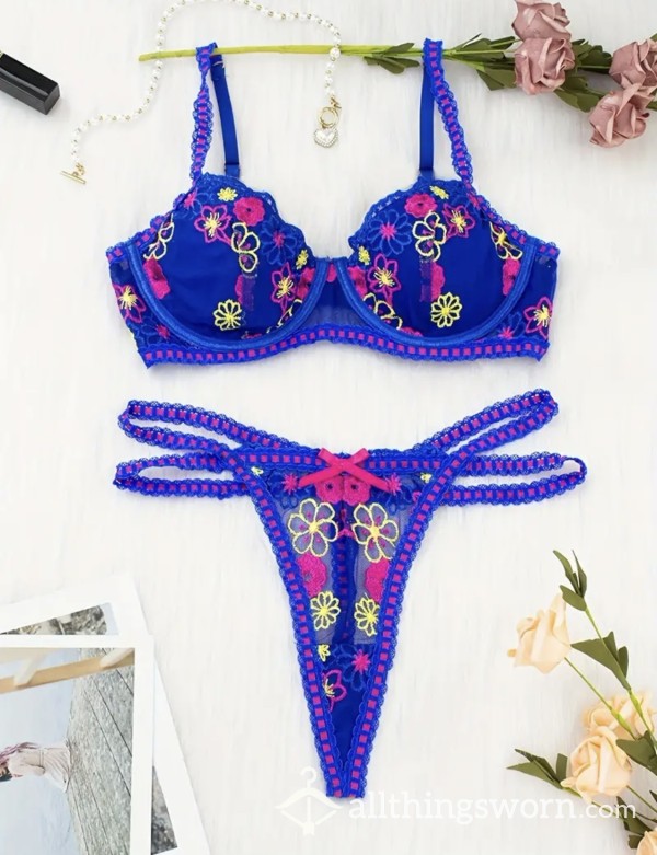 Midnight Blue Floral Lingerie Set | Size S | Comes With Wear Pic