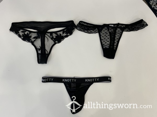 Mixed Variety Well Worn Black Lacey Thongs With Long Wear