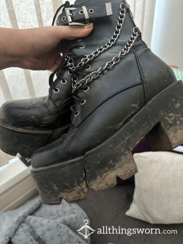 Muddy Heavily Worn Chunky Platform Boots (with Special Cleaning Instructions)
