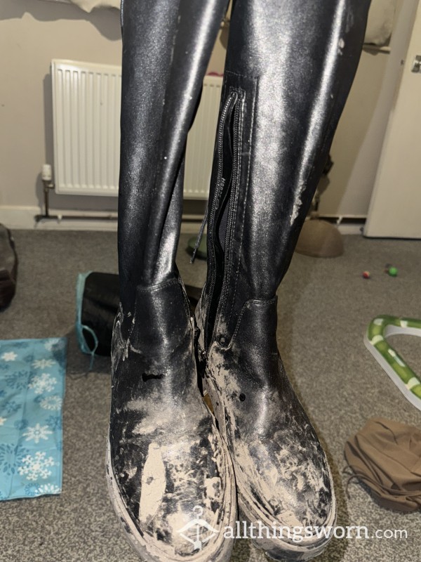 Muddy Knee High Pleather Boots