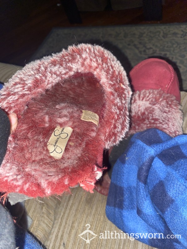 DISCOUNTED- My Favorite Beat Up, Sweaty, Red Fluffy Slippers