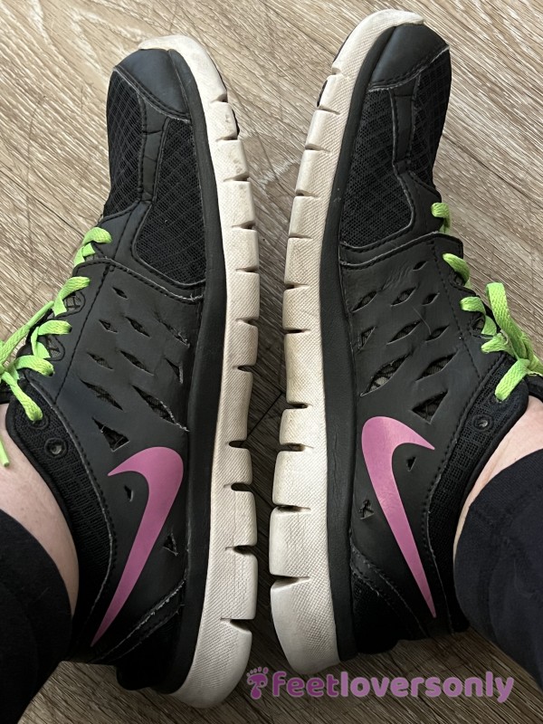 My Favorite Nikes (pink And Black With Neon Green Laces)