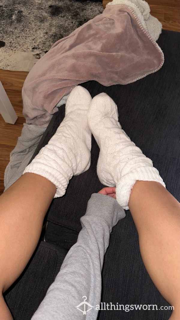My Fluffy, White Knitted, Size 11, Bedtime/ Home Sock/slippers