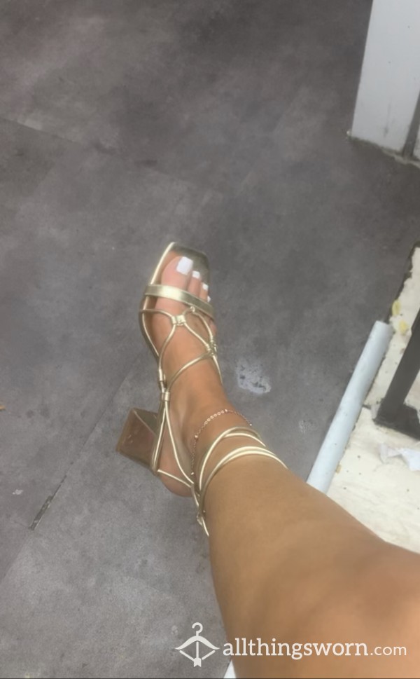 My Foot In Sexy Gold Lace Up Heels