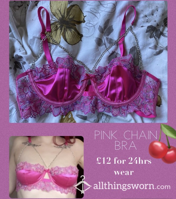 My Pink Satin Floral & Chain Detail Bra💖
