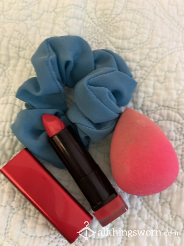 My Used Makeup Sponge, Scrunchie And Lipstick