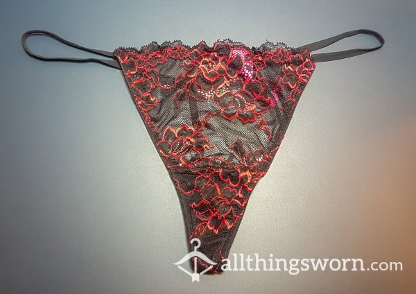 Naturally Stained XL Red And Black Lace G-string - Custom Wear With Free Shipping!