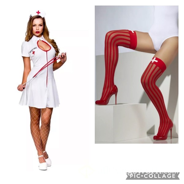 Naughty Nurse Dress, Head Wear And And Matching Stocking
