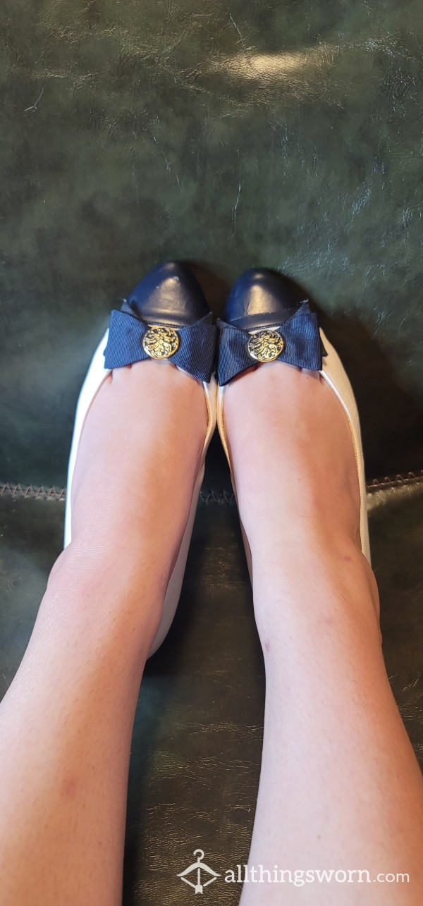 Navy And White Flat Shoes With Bow