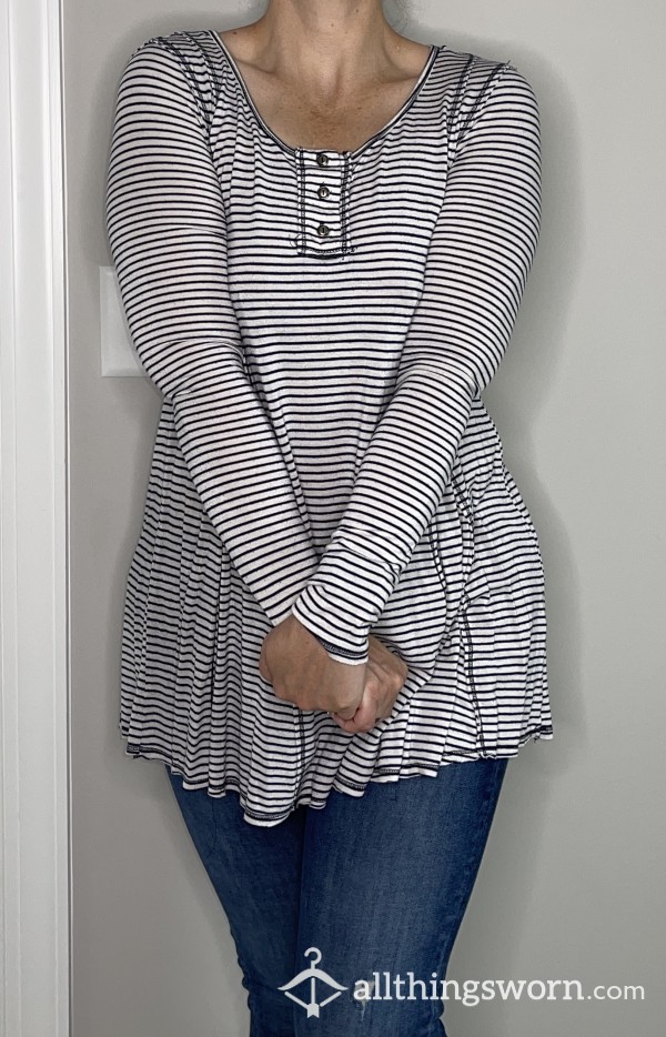 Navy And White Striped Comfy, Stretchy, Long-Sleeved Flare Top