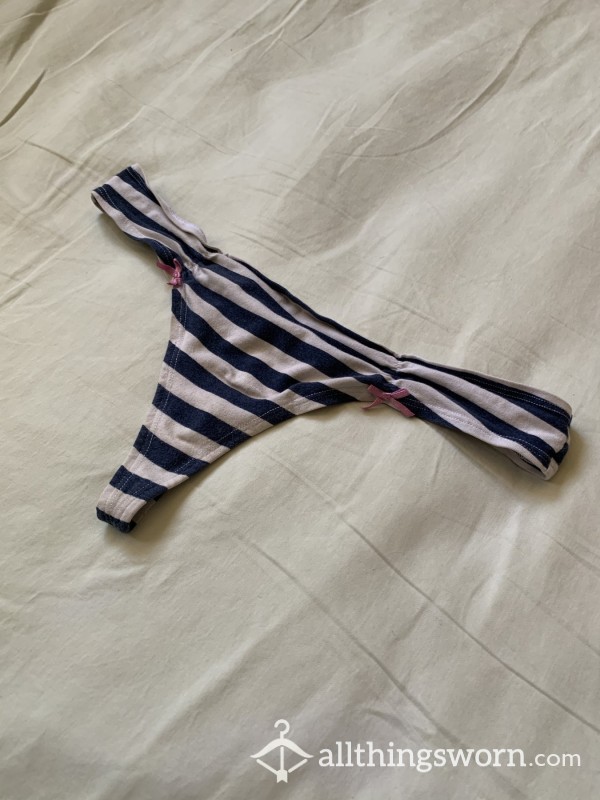 Navy Blue And White Striped Thong With Pink Bows