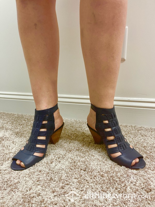 Navy Blue, Ankle-High, Cross-Strapped Sandals With Peep Toe And Wooden Accent Heel