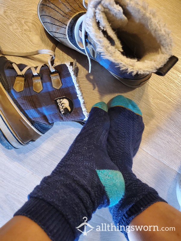 Navy Boot Socks With Teal Toe/heel
