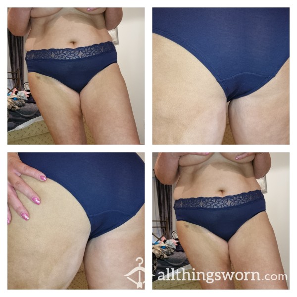 Navy Cotton Fullback Panties With Lace Band