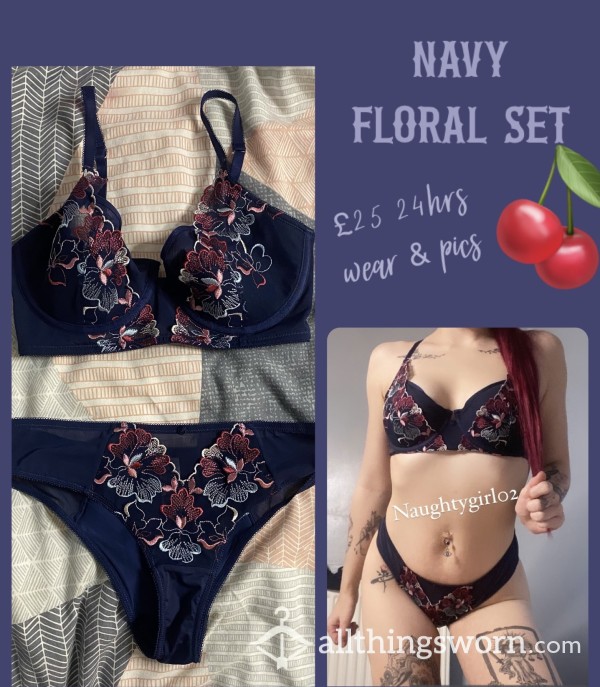 Navy Floral Embroidered Bra & Pantie Set💋 | 24hrs Wear & Proof Of Wear Pics🔥