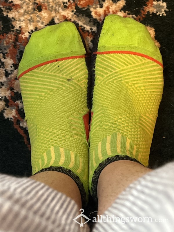 Neon Green And Black Crew Socks With Yellow And Orange Lines