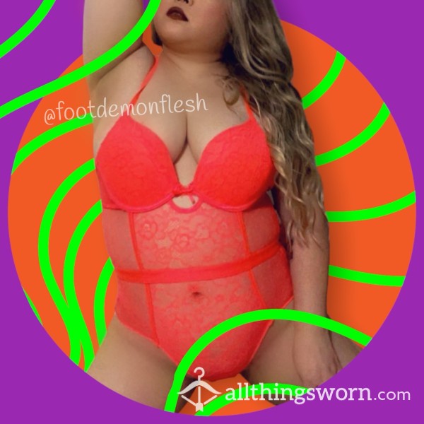 Neon Orange Lace Bodysuit Lingerie Worn By Curvy Asian - Made To Order