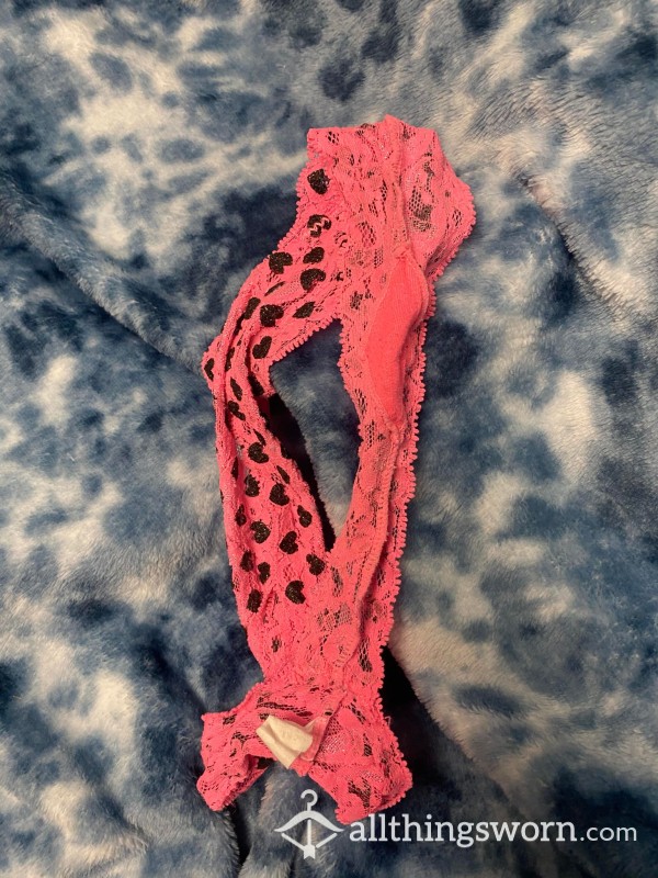 Neon Pink With Black Heart Lace Thong