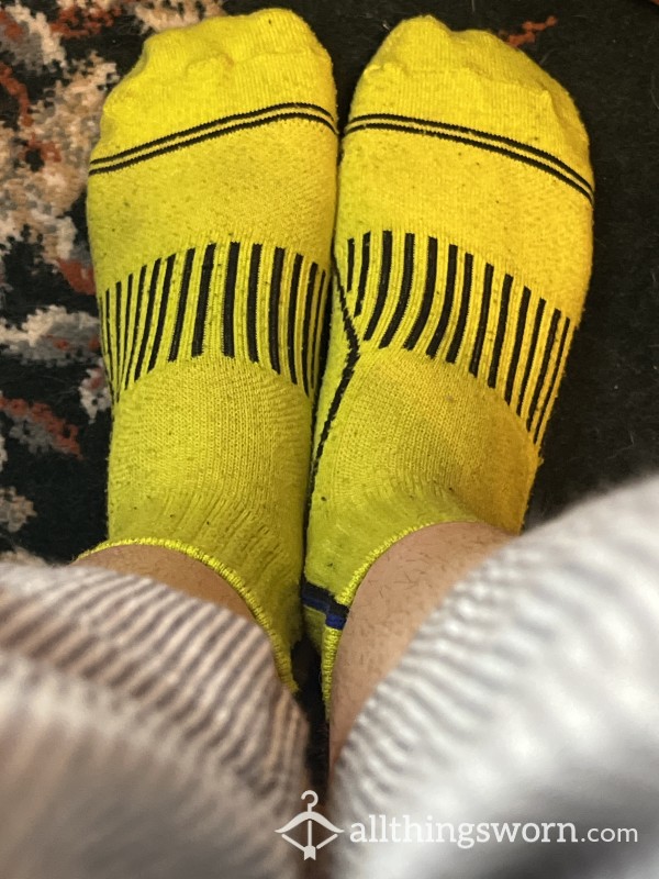 Neon Yellow Crew Socks With Black Lines