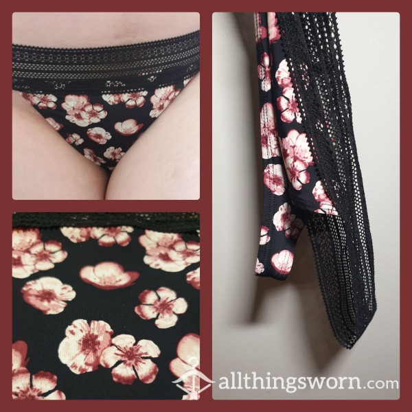 🌸 Nylon And Lace Black, Pink And Deep Red Floral Print Thong 🌸