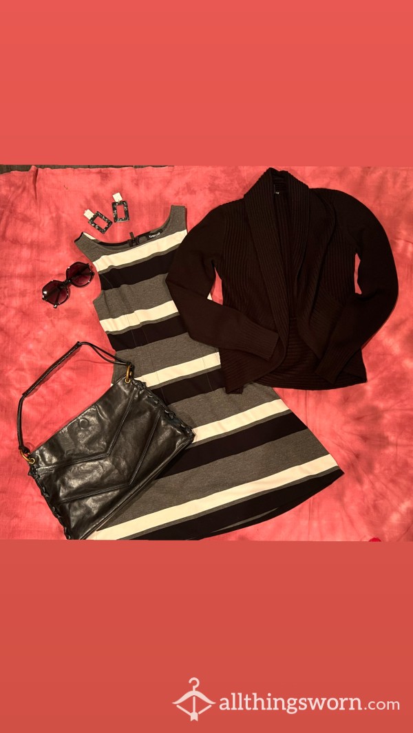 Office Sissy Outfit - Includes Earrings, Black Leather Purse And Black Quarter Length Cardigan - Size Extra Small