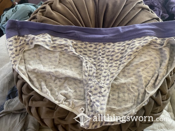 Old As FUCK Panties!!  Purple, Grey, And White Patterned.  Gusset And Seams Super Worn Down, Stained, And Soft!