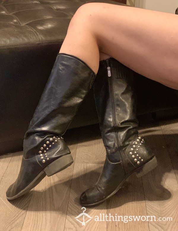Used Well Worn Black Studded Leather Boots
