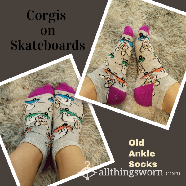 🧦🐶 Old Cute Ankle Socks, Corgis On Skateboards ~ Worn To Your Liking