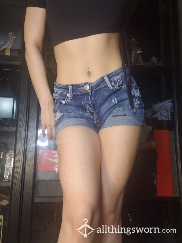 Old Denim Jean Blue Booty Shorts On A Asian Japanese Fitness Model Thick Thighs