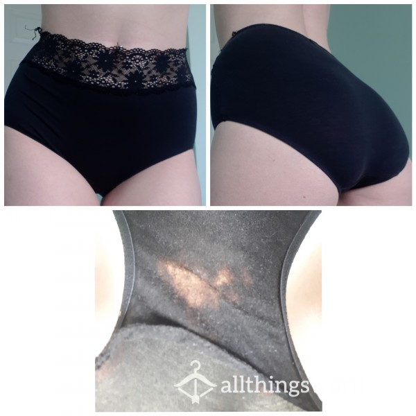 Stained Black Lace Trim Cotton High Waist Panties