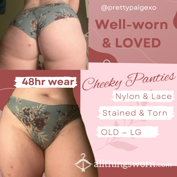 Stained Cheeky Floral Panties 😈 OLD & Well- Worn 💋 Nylon & Lace, Size Large… 48hr Wear 😏