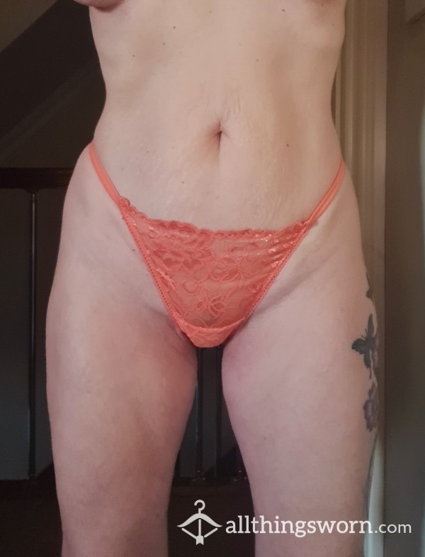 Old Well Worn G String Style Panties. Sexy Lace Front. Burnt Orange Size Small.