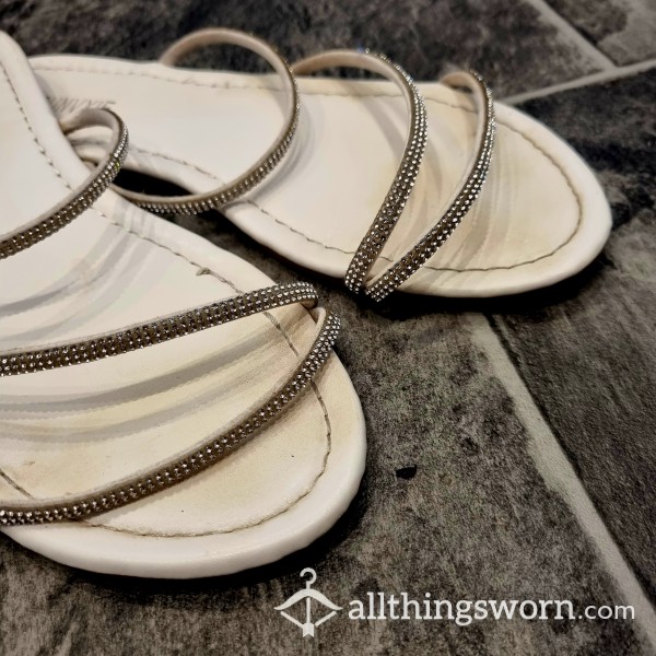 Once White Dirty Worn Sandals With Silver Diamanté Detail Straps. Size UK 6. Worn At Beach, Garden, Around House, Shopping And Work. Grubby.