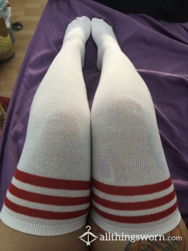 Over The Knee Red 3 Stripe Socks