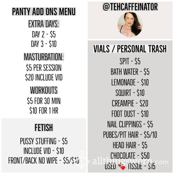 Panty Add On Menu - Updated For 2022
