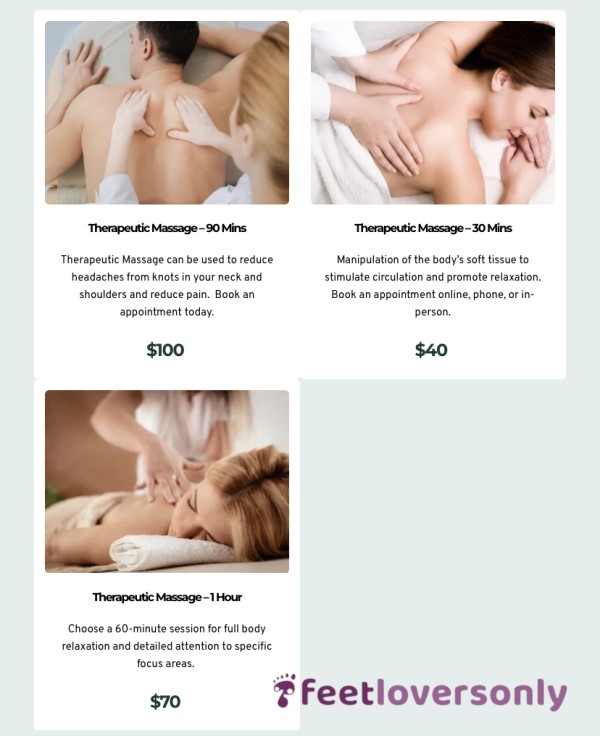 Pay For My Massage, Half Hour $40, Full Hour $70, Hour And A Half $100