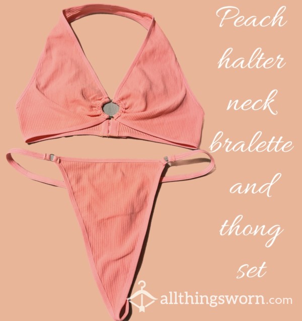 Peach Halter Neck Bralette And Thong Set