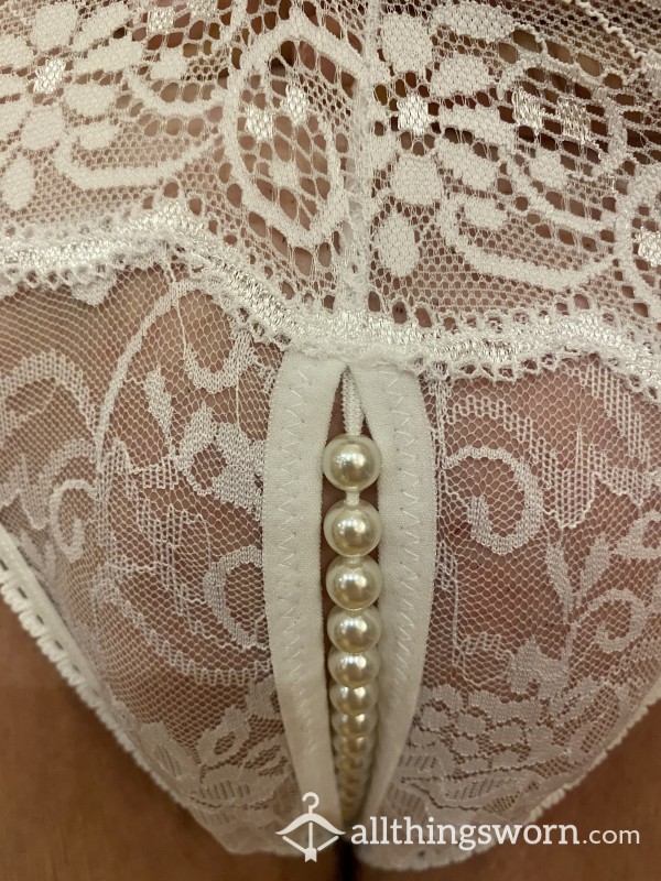 Pearl Crotchless Thong In White