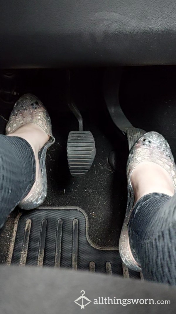 Pedal Pumping In Jelly Shoes- See My Tiny Size 2 Feet Driving In Worn Jelly Shoes