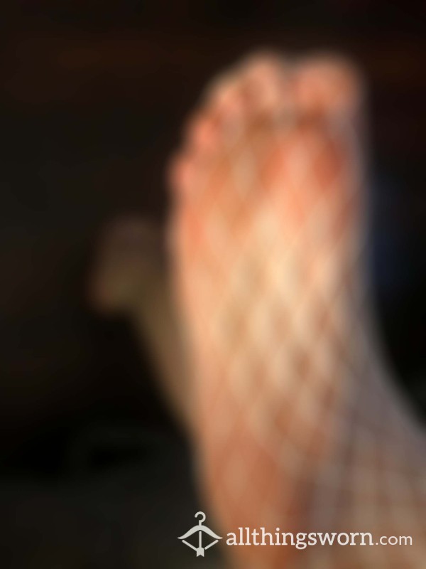 🐾Petite Feet In Dreamy White Fishnet Stockings, Soles, And Toes Poking Through  🐾