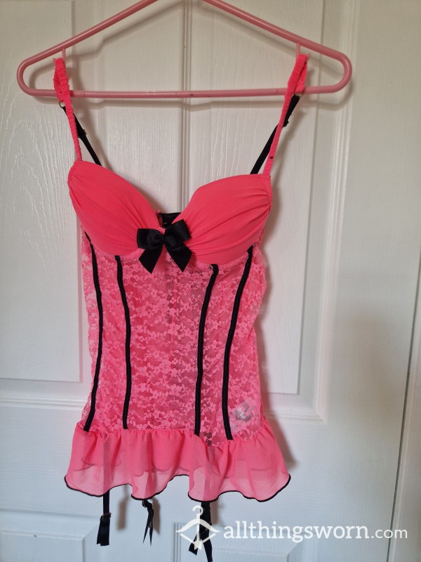 Pink 34a Lace Babydoll With Suspender Straps