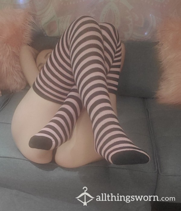 Pink And Black Stripped Thigh High Socks! Thinning Fabric And Worn.