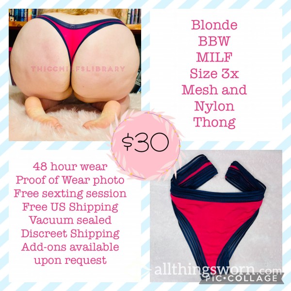 Pink And Navy Thong Worn By Blonde BBW MILF