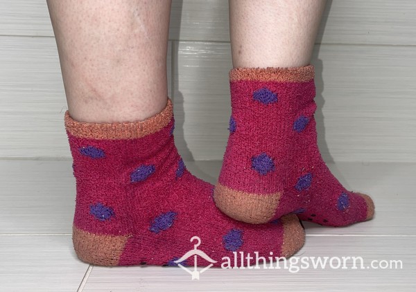 Pink And Purple Polka-Dot Fuzzy, Non-Skid Slipper Socks