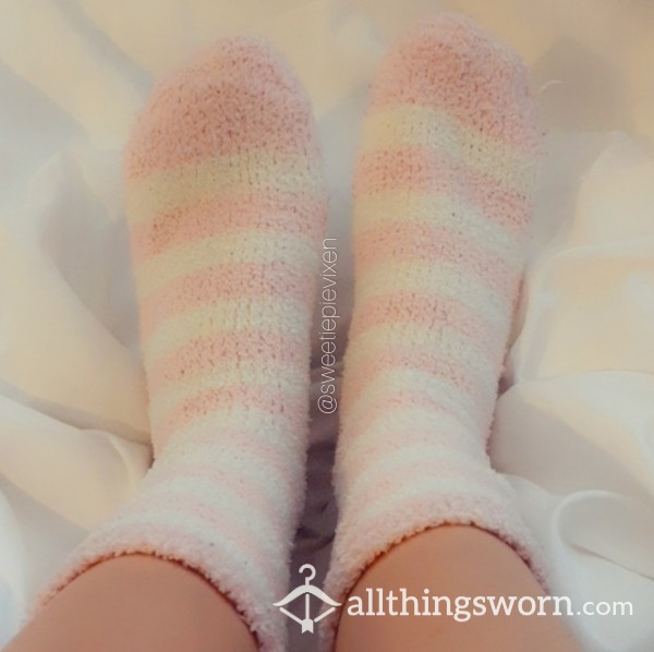 Pink And White Fuzzy Bed Socks Worn For 24 Hours
