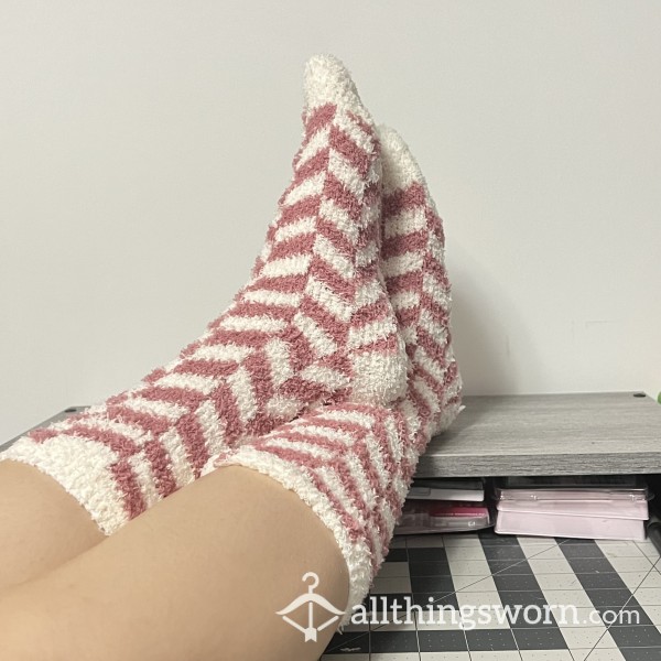 Pink And White Fuzzy Soft Socks Ankle Crew Long Boot