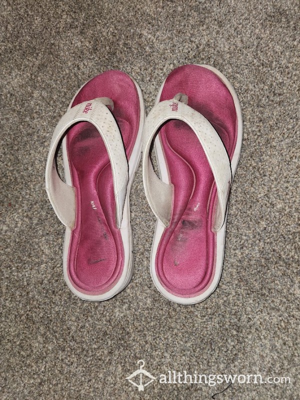 Pink And White Nike Flip Flops Well Worn (Custom Content Offered)